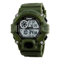 Round dial electronic sports watch with plastic strap, shown in army green colour, displaying time and date.