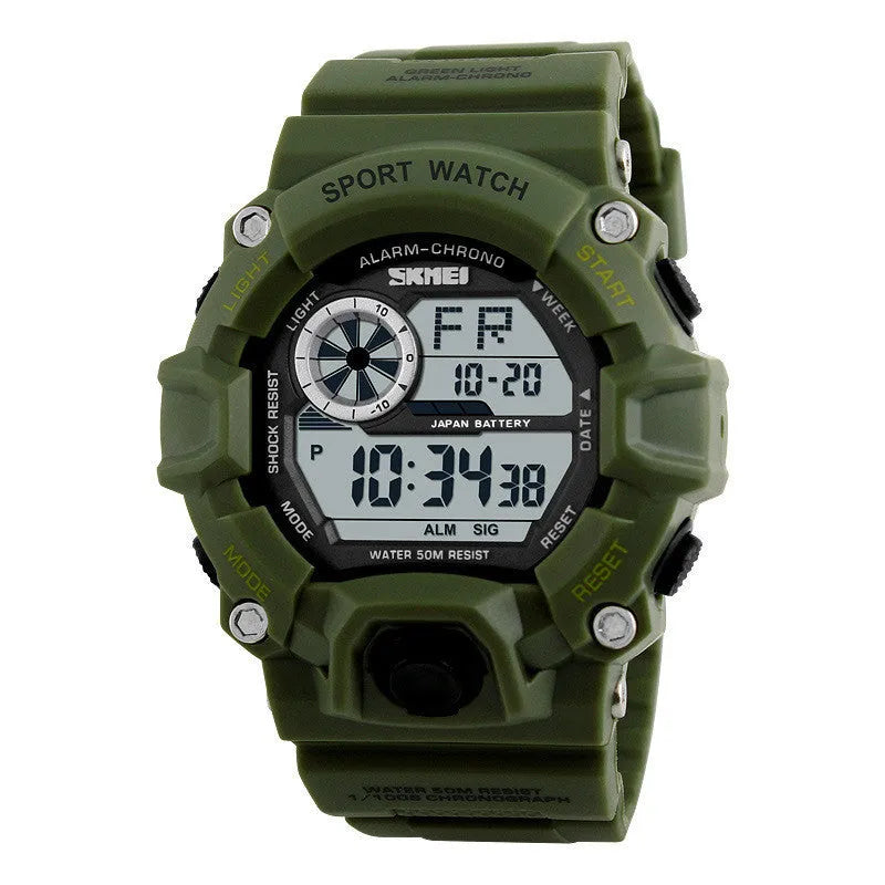 Round dial electronic sports watch with plastic strap, shown in army green colour, displaying time and date.