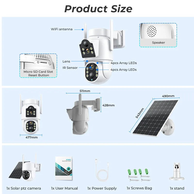Outdoor solar wireless security camera with solar panel, showing 4MP resolution and 20m night vision capability