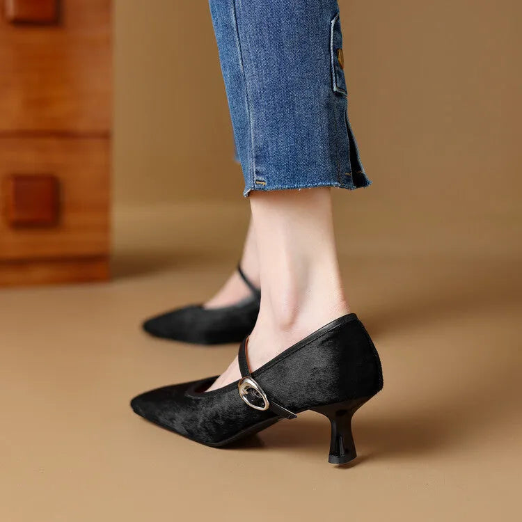 Women's black square toe stiletto heel ankle-strap shoes with horse hair upper and buckle closure.