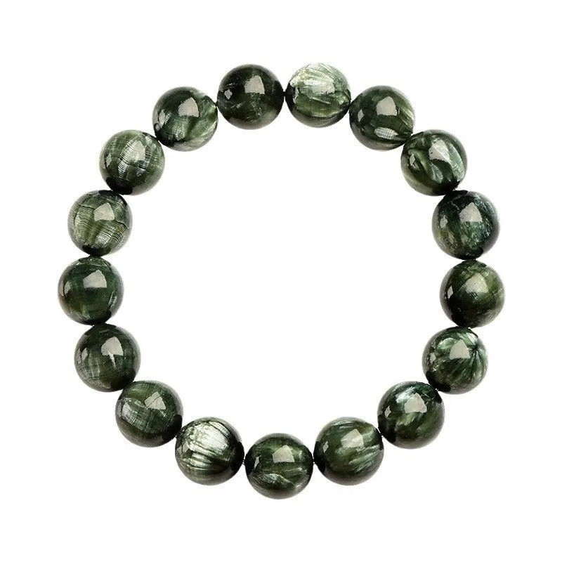 Natural green dragon crystal bracelet with 8-9mm round beads and geometric ruyi design.