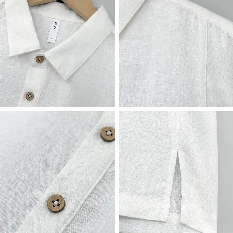 Men's loose-fit linen summer top with thin lapels and short sleeves, shown in grey green.