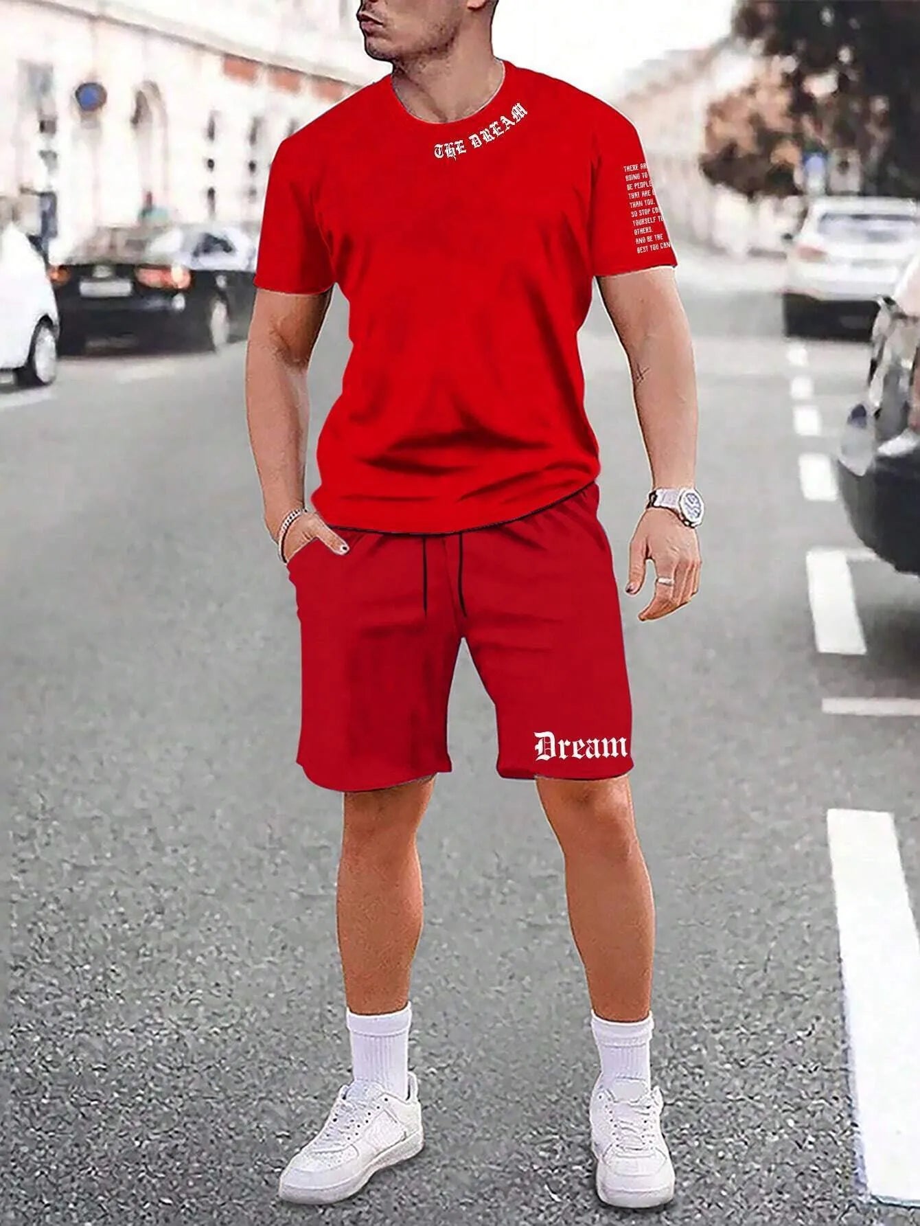 Sports style short-sleeved top and matching shorts set in solid colour on hanger