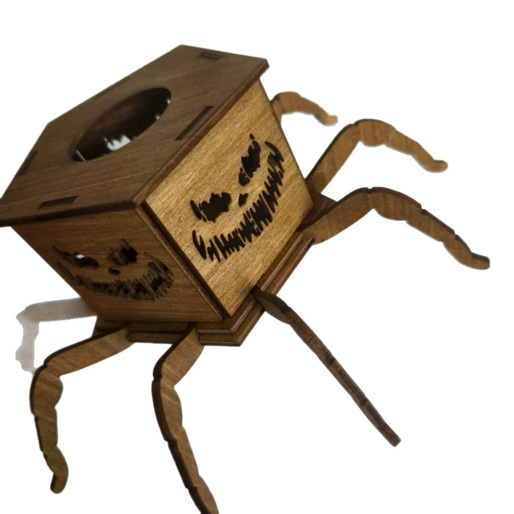Wooden Halloween spider mini lantern candlestick decoration measuring 21cm by 8.5cm