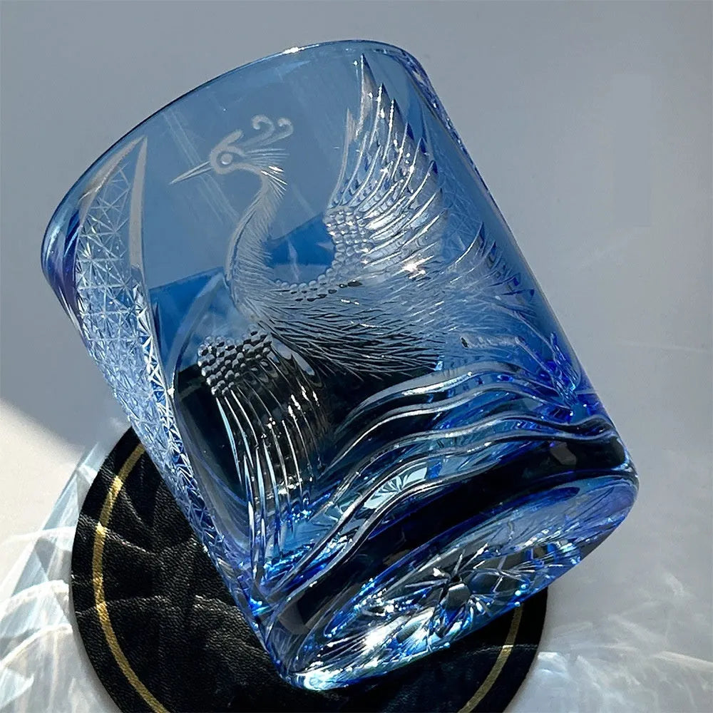 Hand carved crystal whiskey shot glass sky blue colour crane design 90x100mm