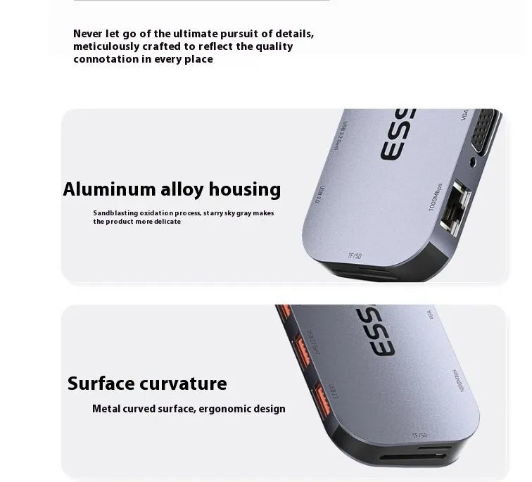 11-in-1 USB-C expansion dock with attached 20cm cable and gigabit ethernet port on a desk