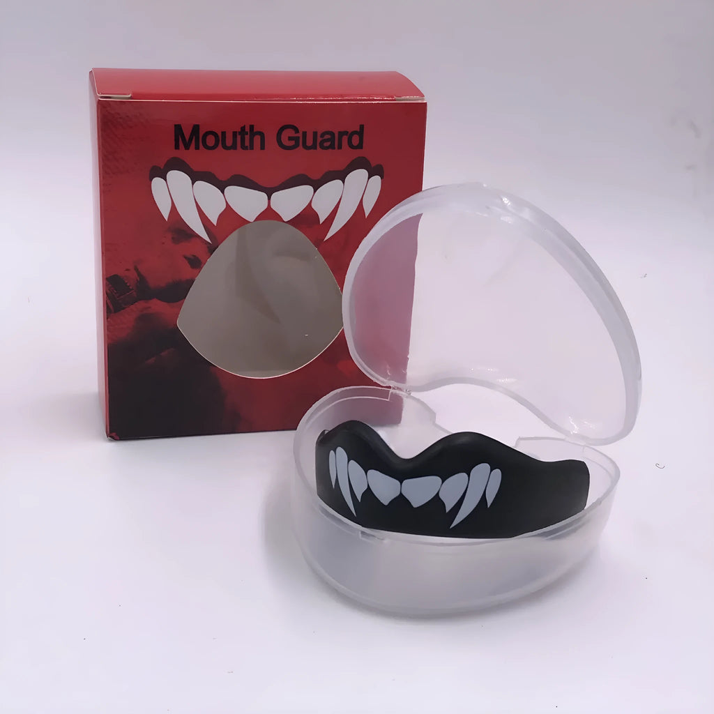 Adult boxing sports mouthguard with tooth socket free design in black and white printed teeth pattern.