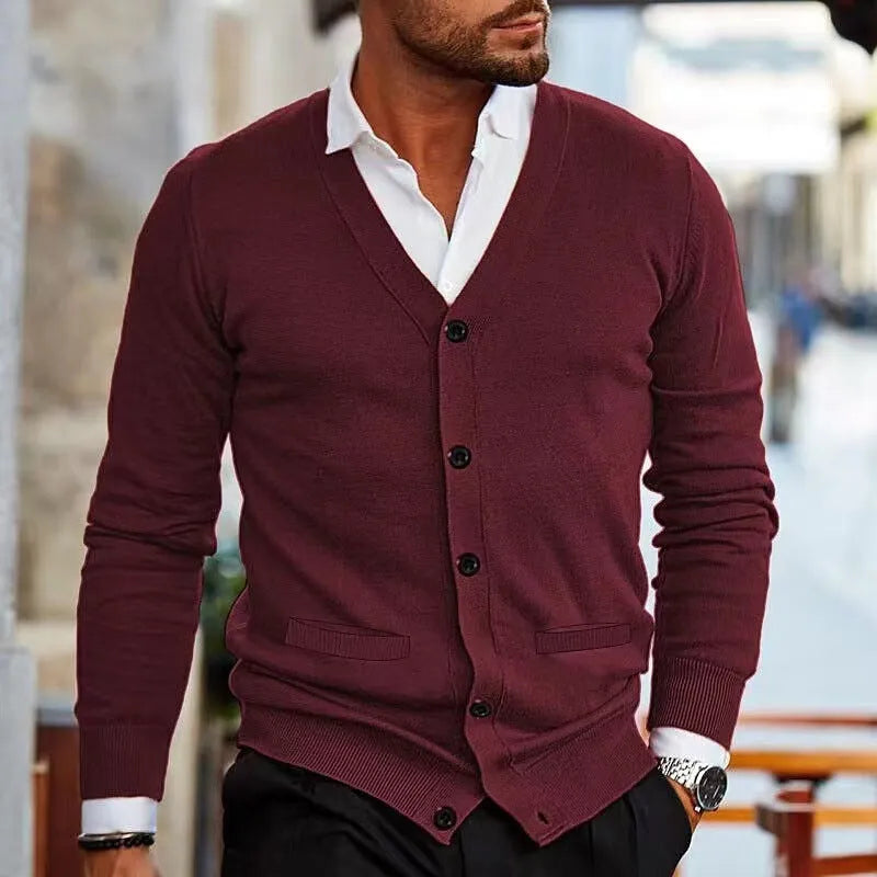 Men's slim fit acrylic cardigan sweater in autumn colours with long sleeves