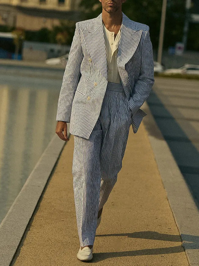 Blue and white striped polyester suit set with regular fit styling