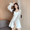 White chiffon patchwork waist-slimming dress with long sleeves and flowing long skirt