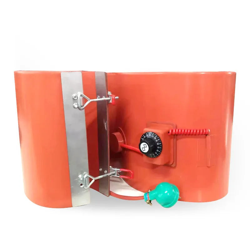 Flexible silicone rubber heating belt wrapped around a 200-litre oil drum with control unit visible