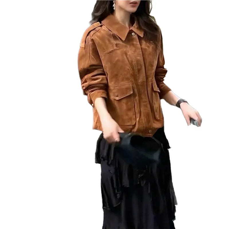 Women's brown suede-effect polyester coat with regular sleeves, street chic styling