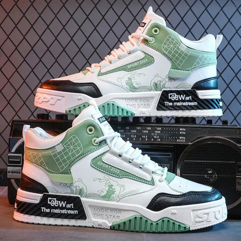 Men's beige high-top board shoes with mesh lining and flat rubber sole on a white background.