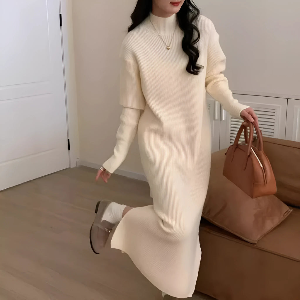 Half turtleneck long sleeve knitted dress with a high waist and mid-length skirt in a solid colour.