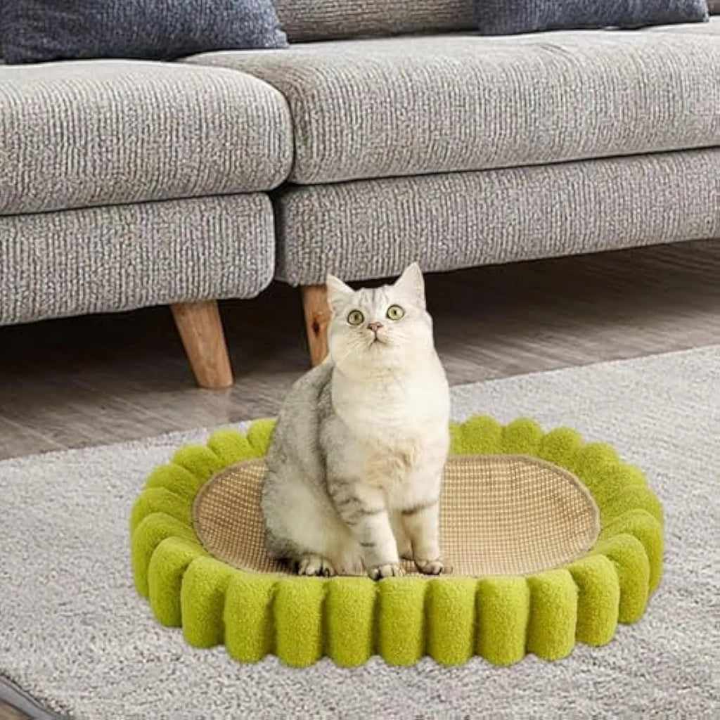 Green oval-shaped cat scratcher pad made of sisal, functioning as both a scratching surface and a lounge bed for cats.