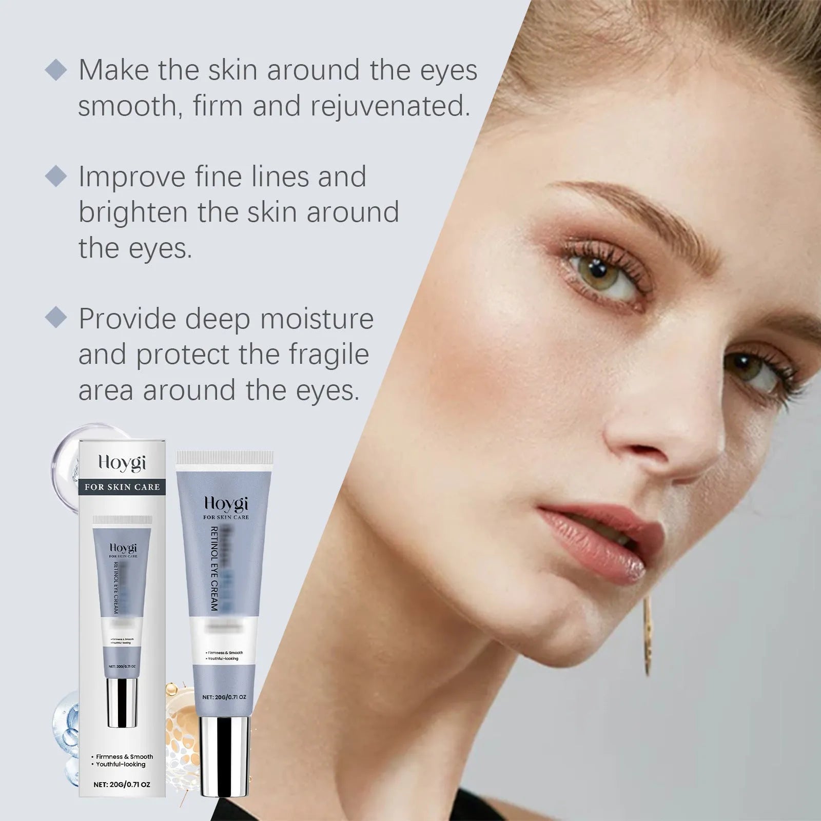 Silver tube of 20g retinol moisturising eye cream, 12.1 cm long.