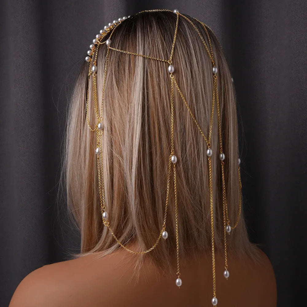 Women's mesh tassel hair chain in gold or silver colour with electroplated pearl details