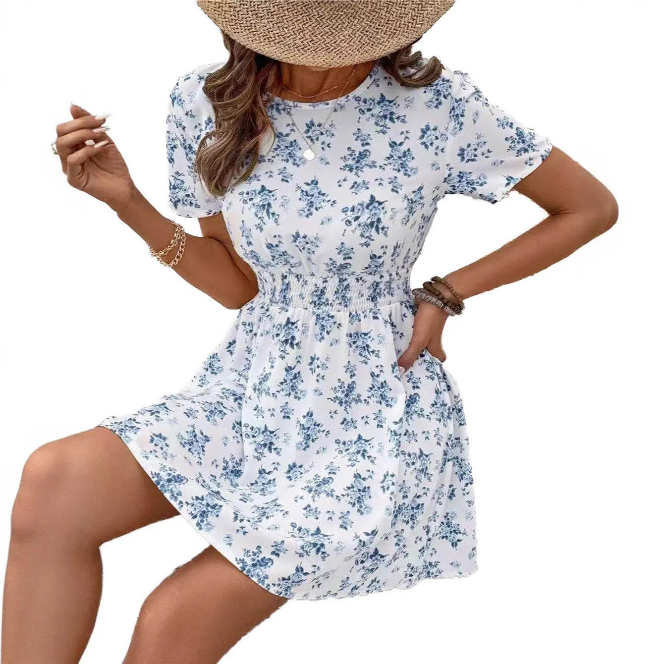 Light blue high-waisted A-line casual dress on a model, showing midi length and regular sleeves.