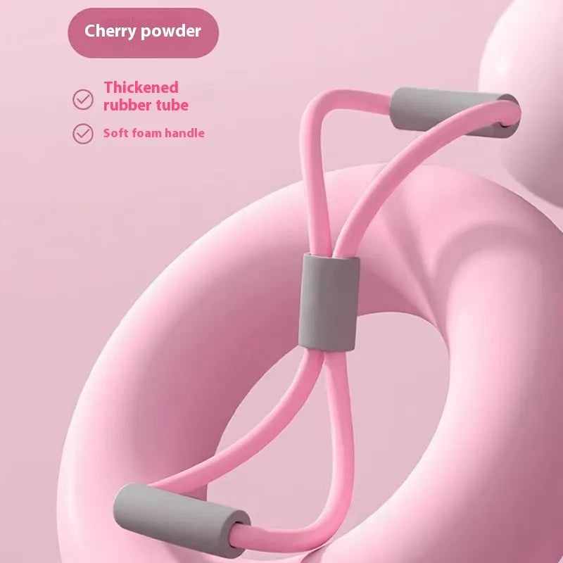 Yoga four piece fitness set showing leg stretcher, yoga ring, pedal chest expander, and figure eight tension rope.
