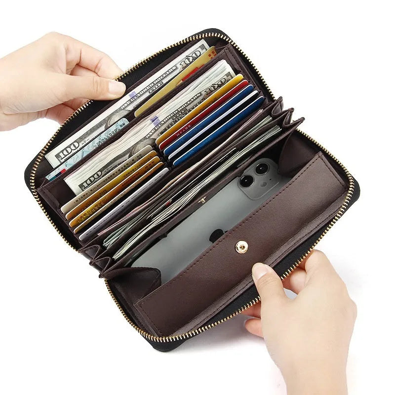 Long genuine leather women's wallet in a choice of colours showing large capacity and card slots.