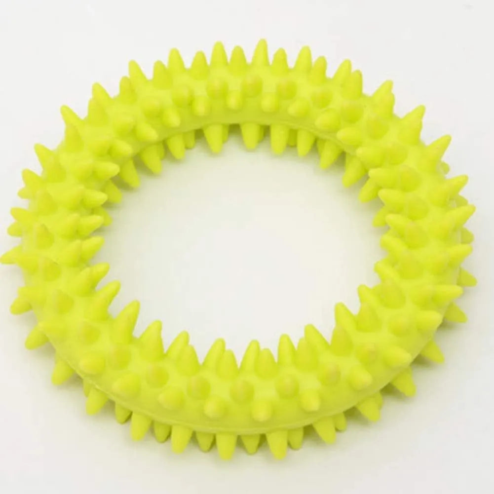Blue TPR spiky circle ring dog chew toy for bite training and dental cleaning, 9.5cm diameter