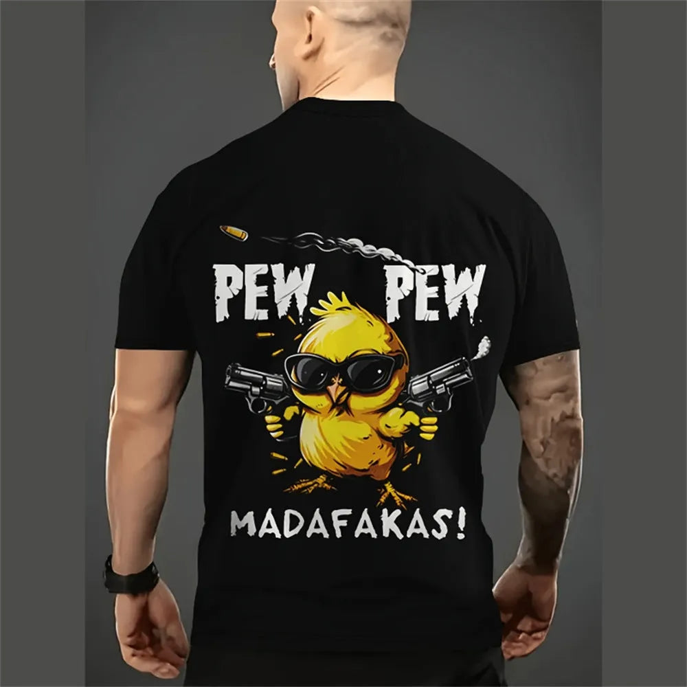 Men's loose fit grey T-shirt with a colourful 3D printed cartoon design on the front.