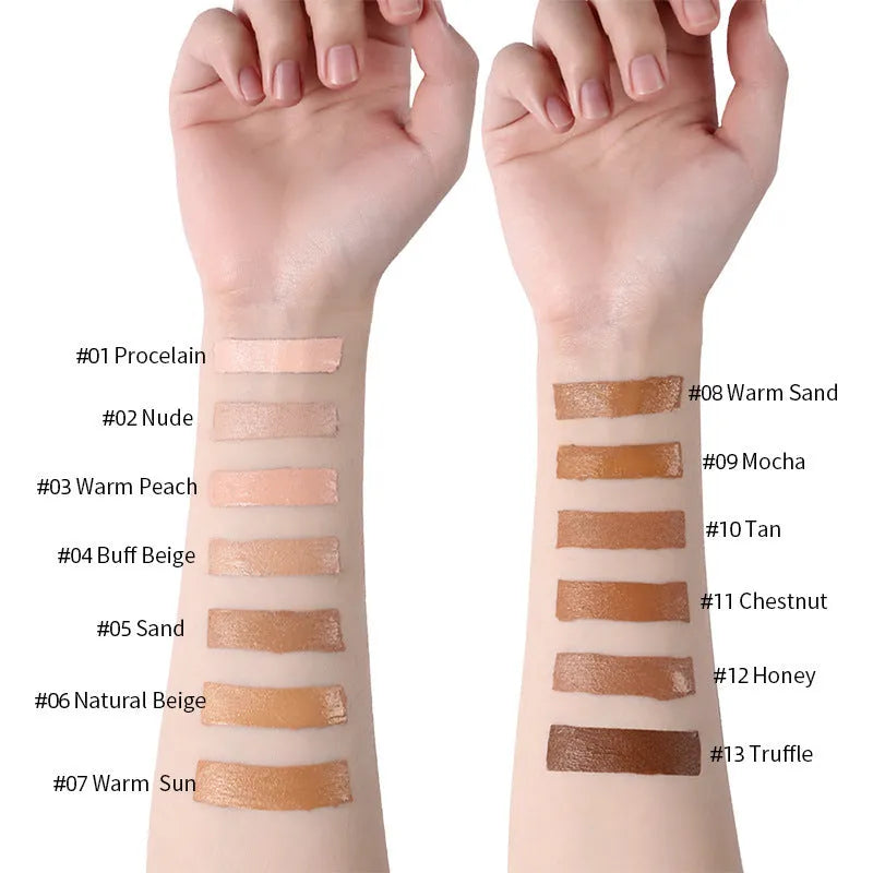 Liquid foundation oil control concealer in a squeeze tube with colour swatches showing 13 shade options