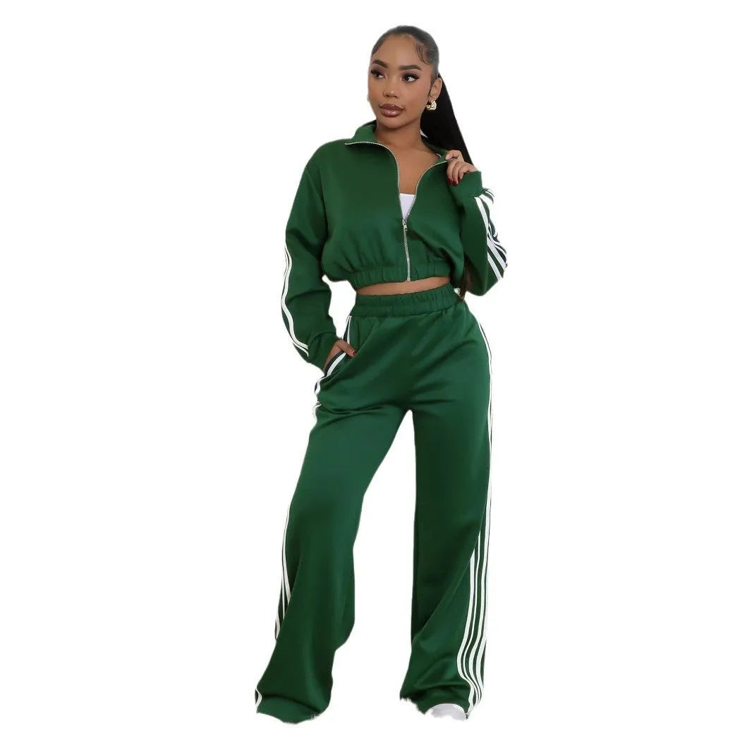 Striped zip-up sweater and solid trousers two-piece tracksuit set in street hipster style