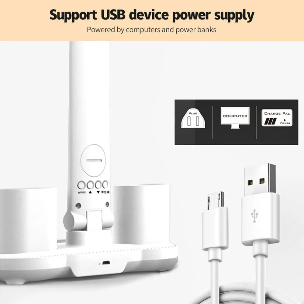 White LED desk lamp with built-in calendar and pen holder, touch control, USB powered, on a modern desk