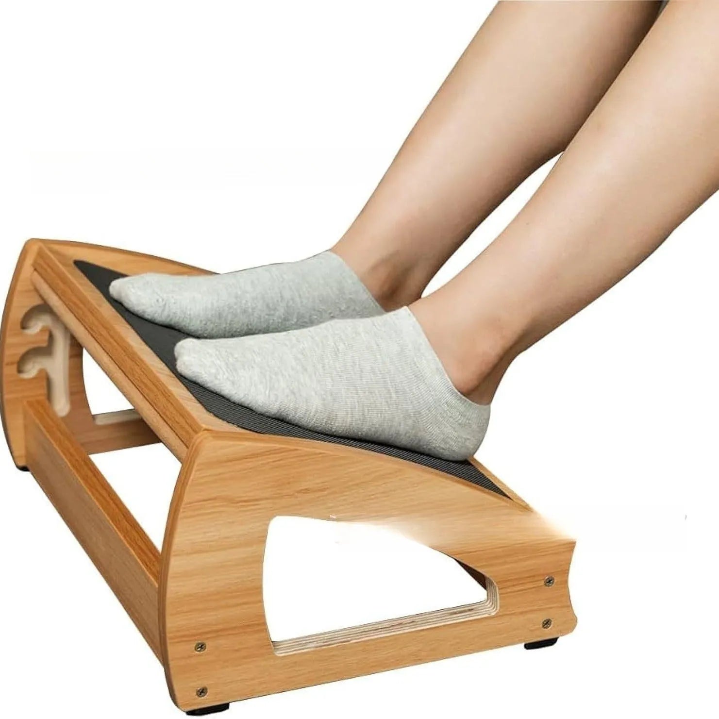 Solid wooden bamboo office desk footstool in natural wood colour, modern style.