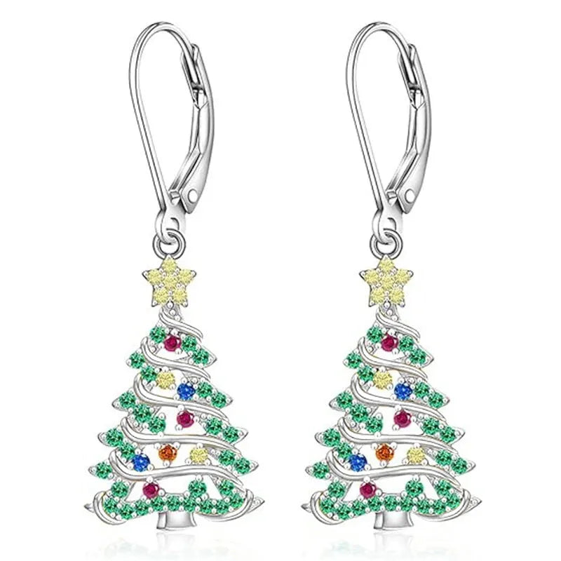 A pair of women's Christmas tree earrings with a star pendant shape in a white gold colour finish.