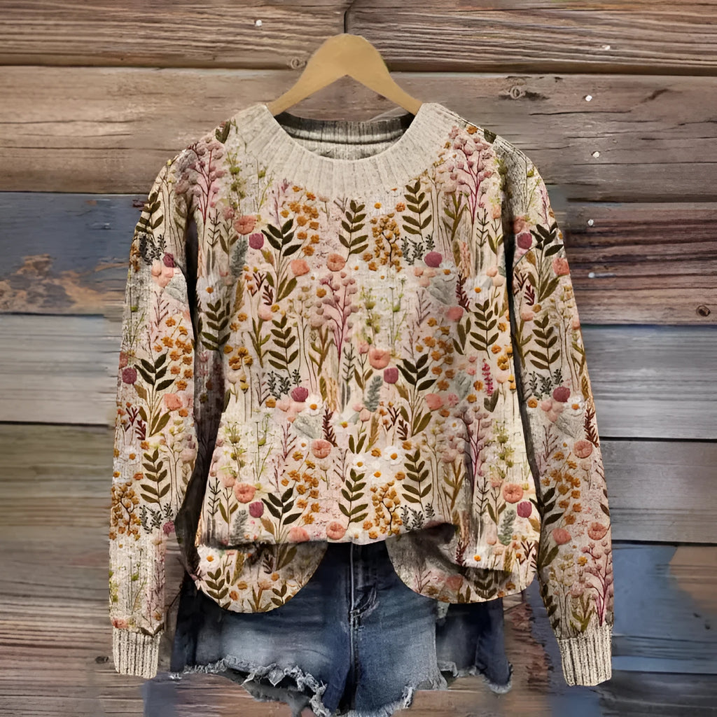 Women's floral digital printed round neck sweater in polyester fabric showing small flower pattern