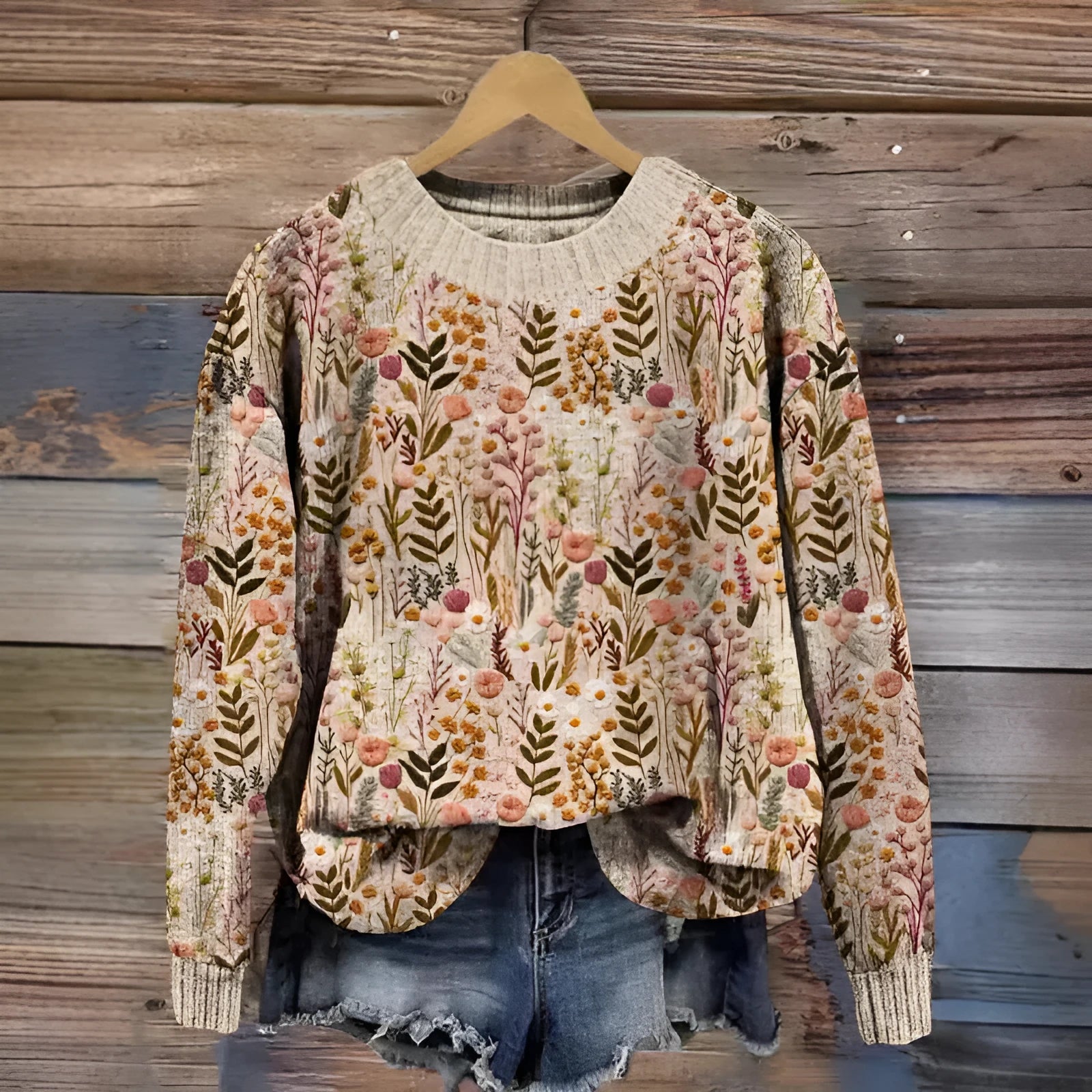 Women's floral digital printed round neck sweater in polyester fabric showing small flower pattern