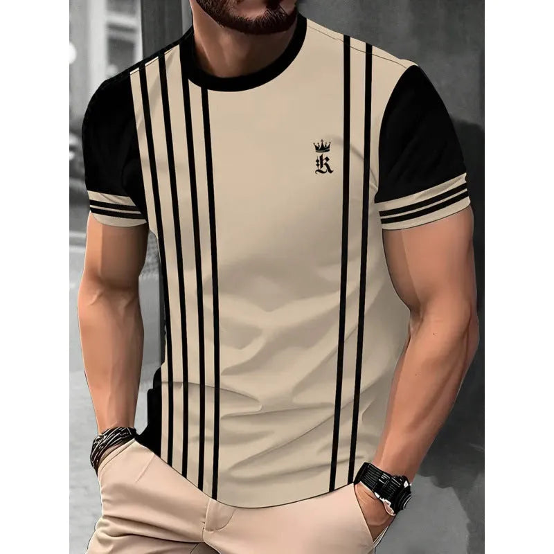 Man wearing a loose fit short-sleeved t-shirt with a digital 3D printed striped pattern.