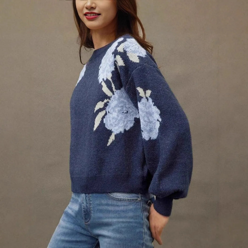 Sapphire blue women's pullover top with flower jacquard pattern and off neck design