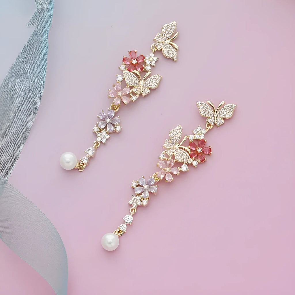 Butterfly flower detachable multicolor zircon pearl earrings with 925 silver needle stud or spiral clip on environmentally friendly brass