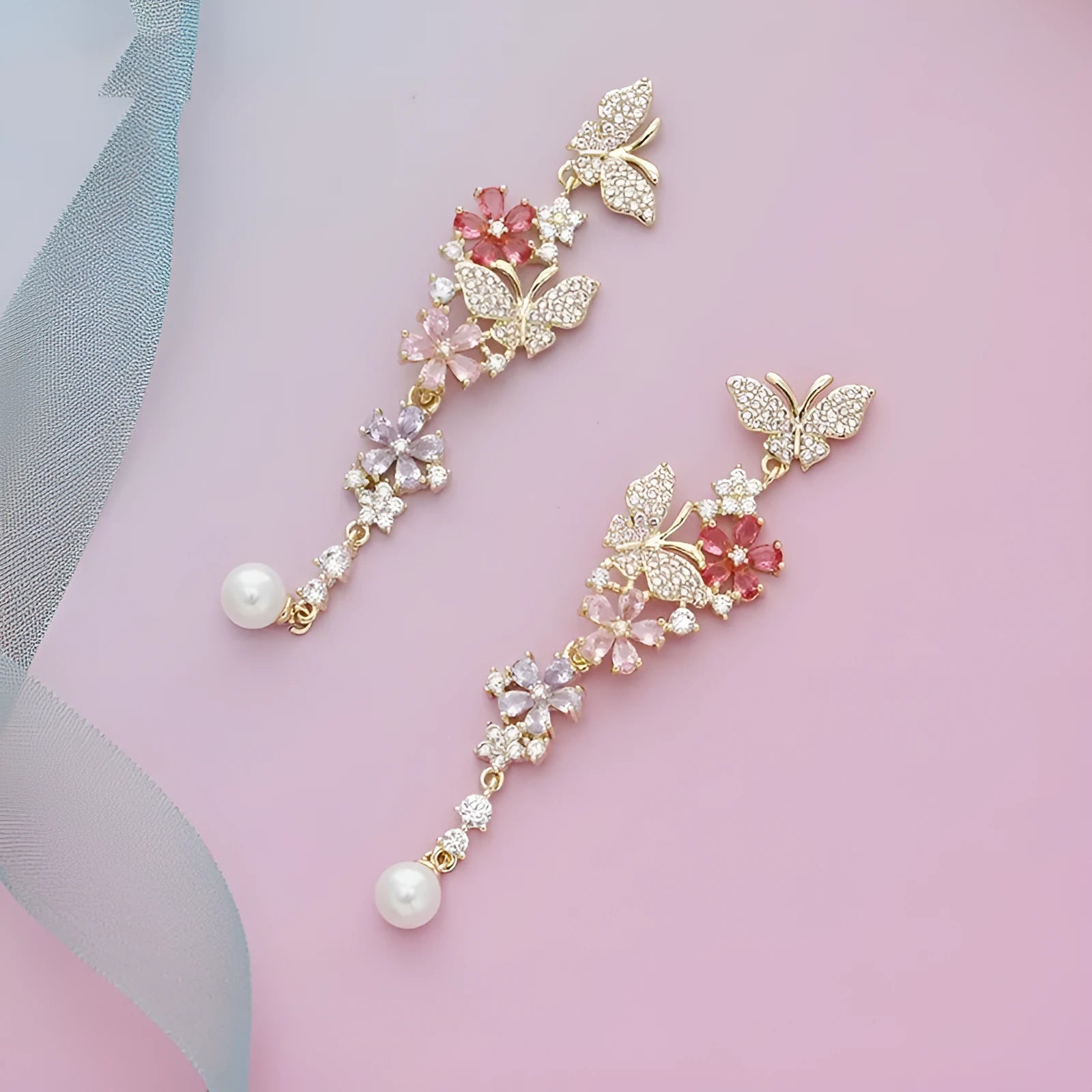 Butterfly flower detachable multicolor zircon pearl earrings with 925 silver needle stud or spiral clip on environmentally friendly brass