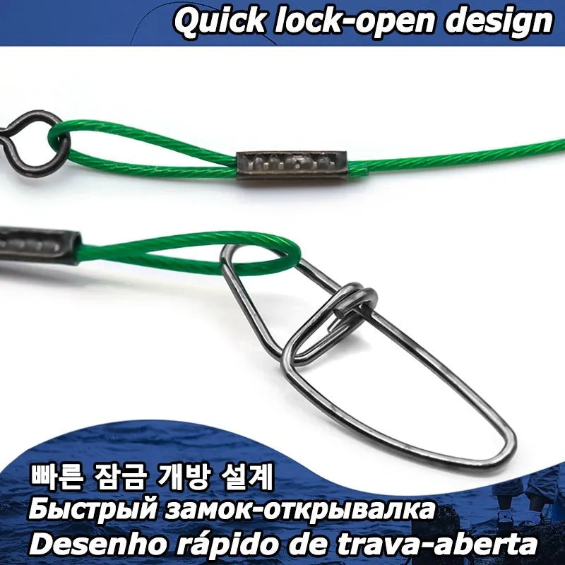 Anti-bite steel wire fishing gear accessories in green, black, and red colours with double buckle pins