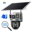 V380 outdoor security camera with solar panel showing 10x zoom lens and 4G antenna