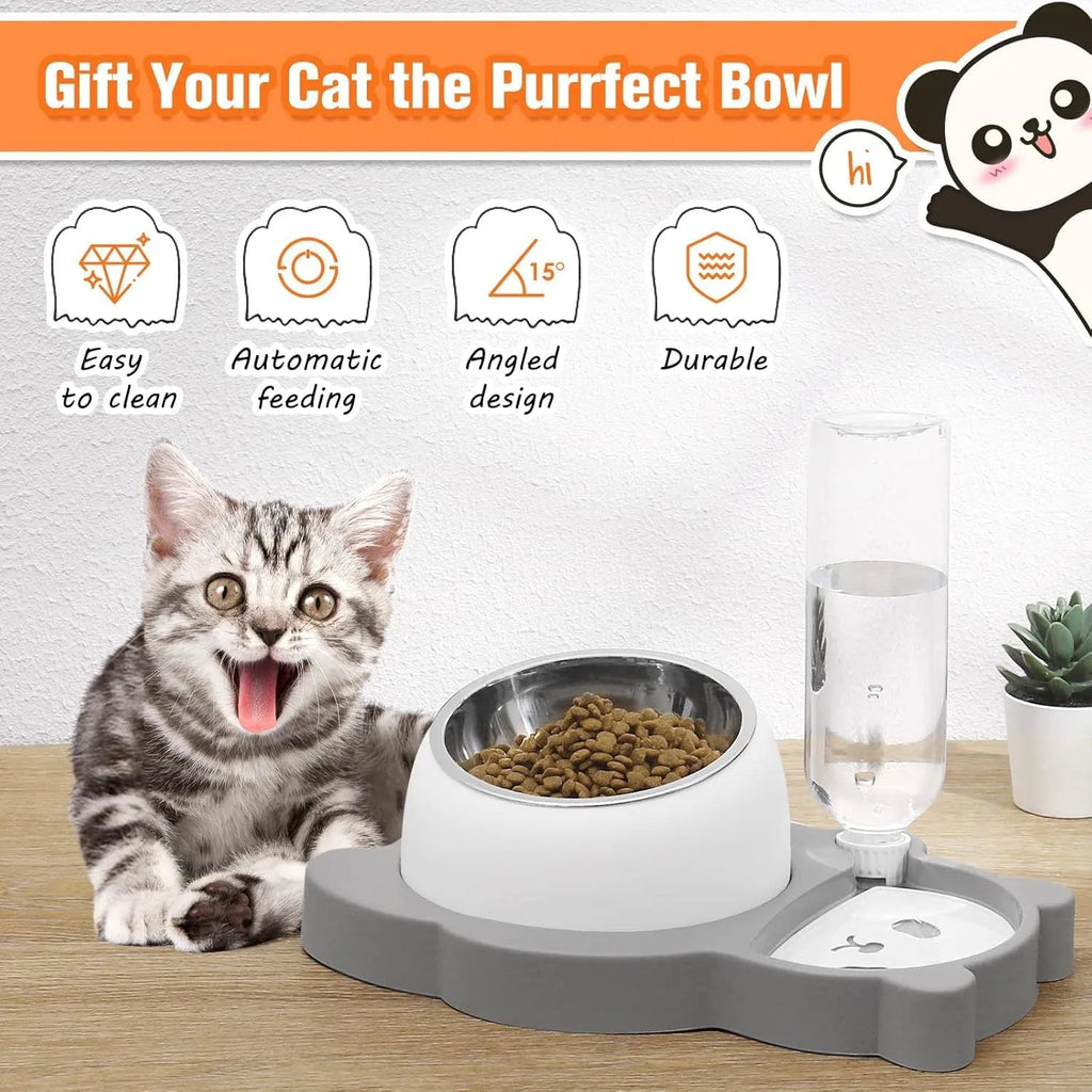 Grey panda-shaped tilted pet bowl set with automatic water bottle and stainless steel bowls