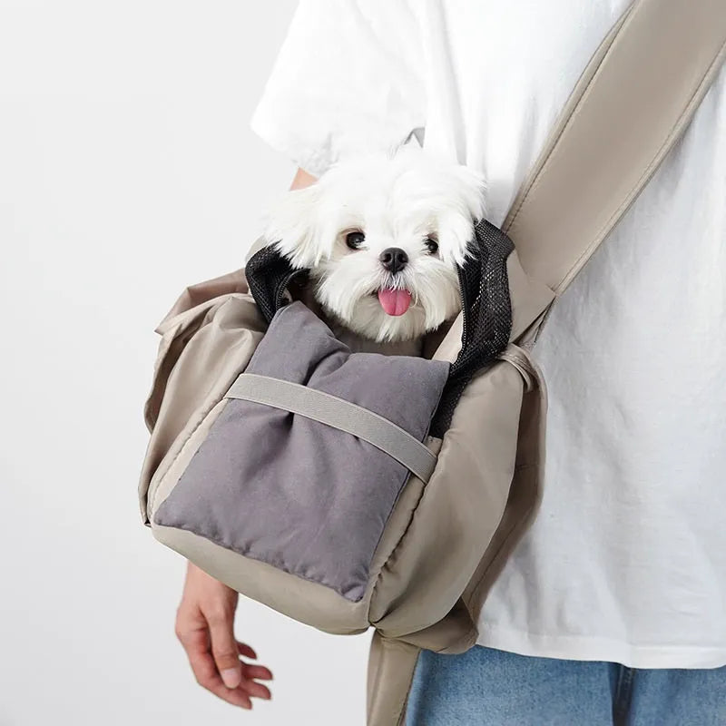 Apricot cloth pet carrier bag measuring 41cm length 16cm width 28cm height