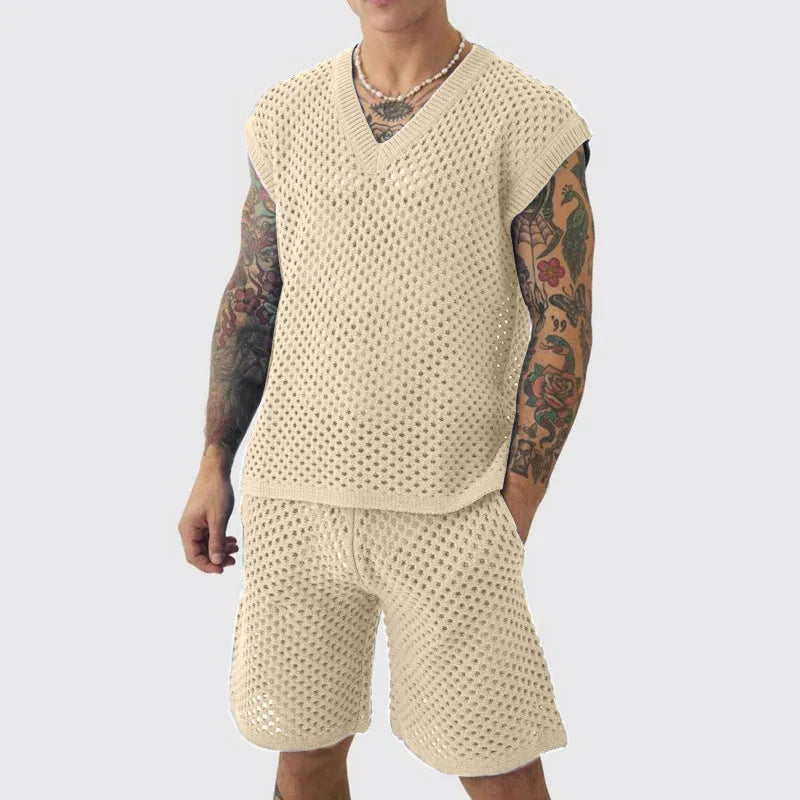 Men's blue V-neck sleeveless vest and matching shorts sports suit on hanger
