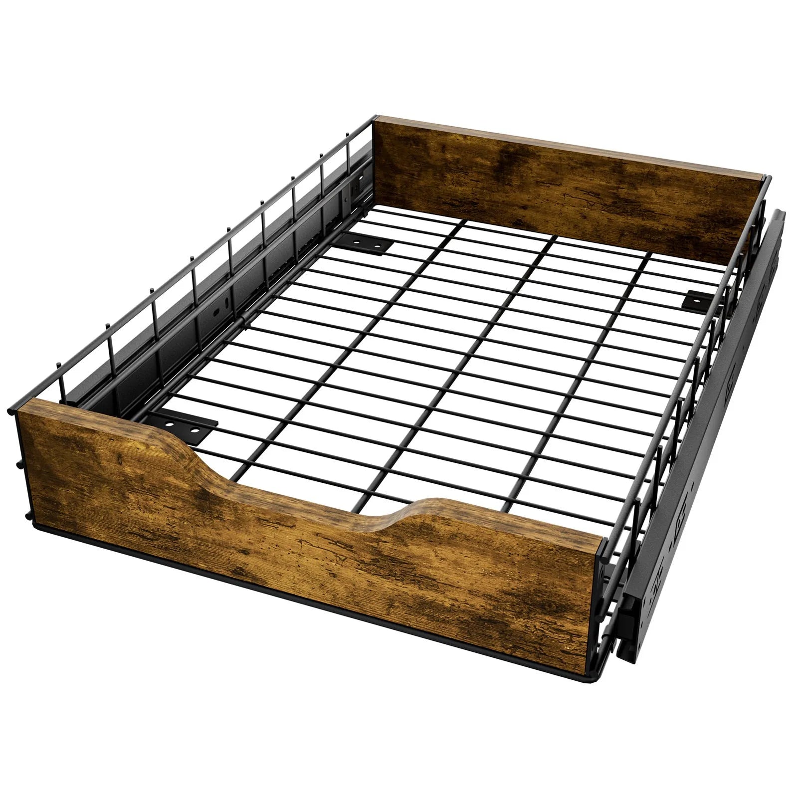 Black wooden and iron pull basket storage rack for kitchen drawer or shelf organisation.