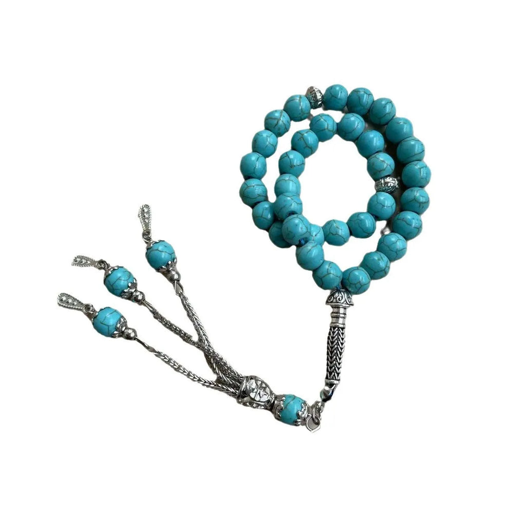 Sky blue stone Muslim prayer bracelet with 8mm spherical beads on wrist