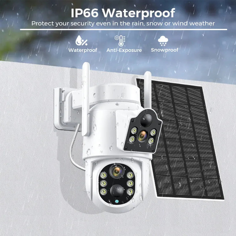 Outdoor solar wireless security camera with solar panel, showing 4MP resolution and 20m night vision capability