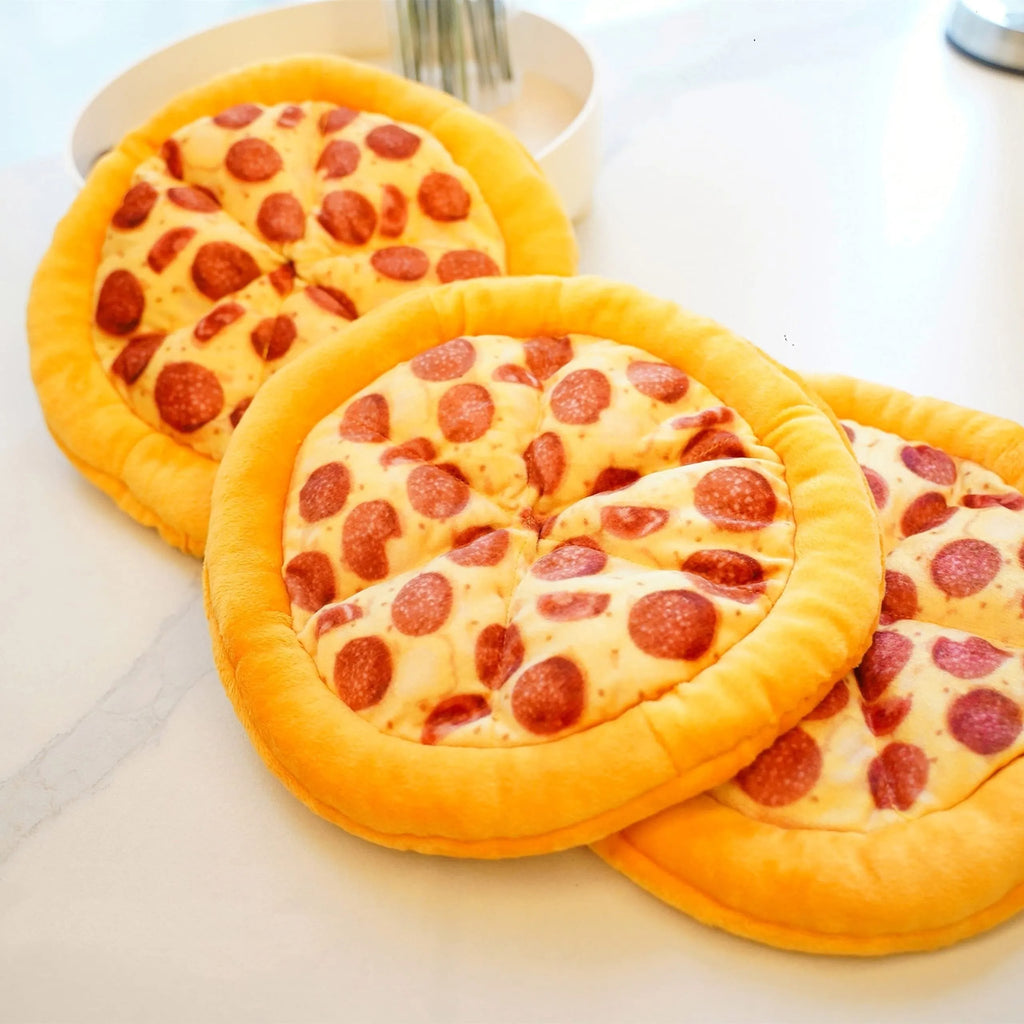 Yellow pizza and teddy bear dual-design dog chewing toy with squeaker