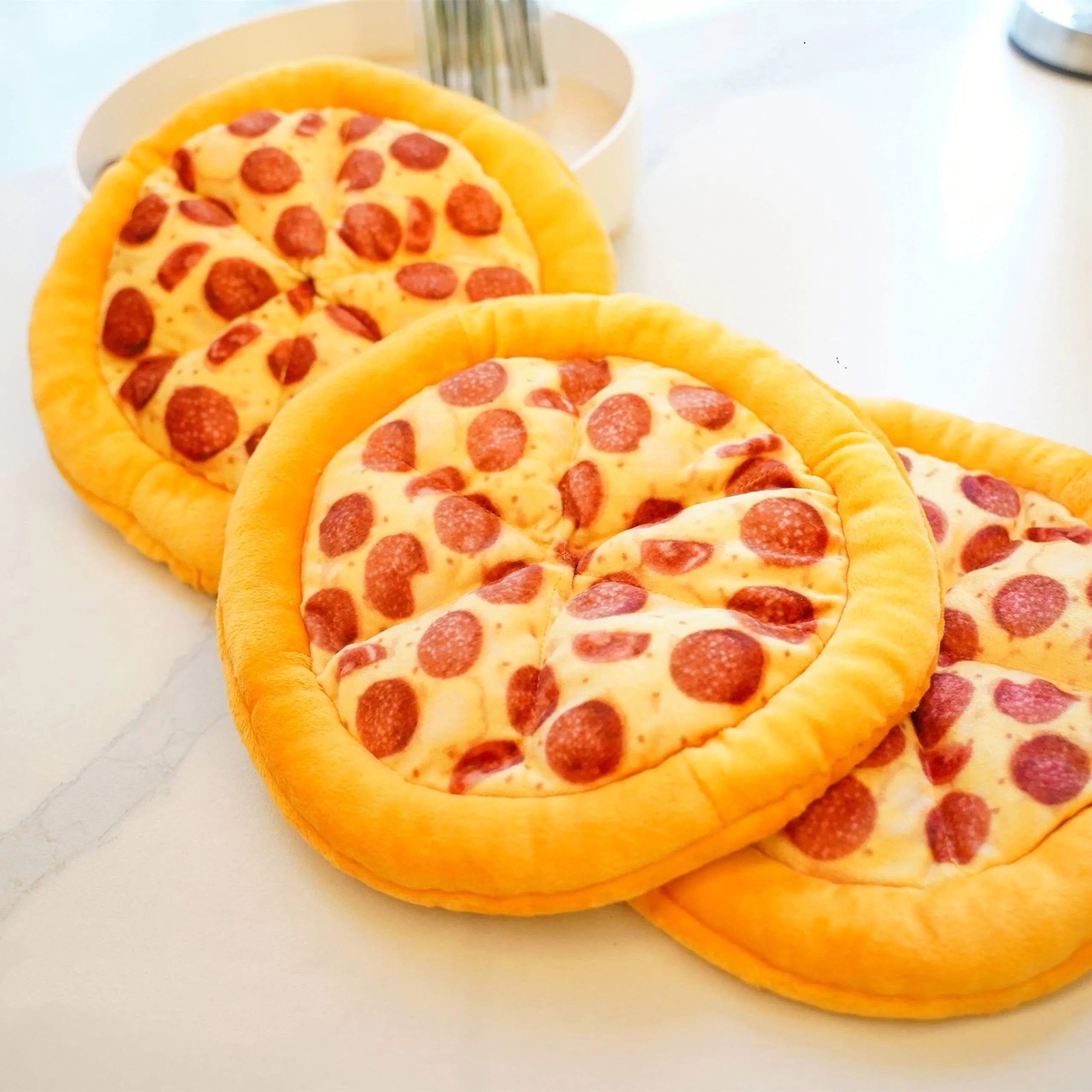 Yellow pizza and teddy bear dual-design dog chewing toy with squeaker