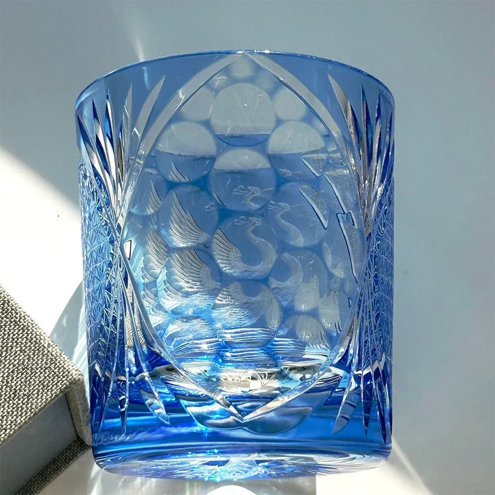 Hand carved crystal whiskey shot glass sky blue colour crane design 90x100mm