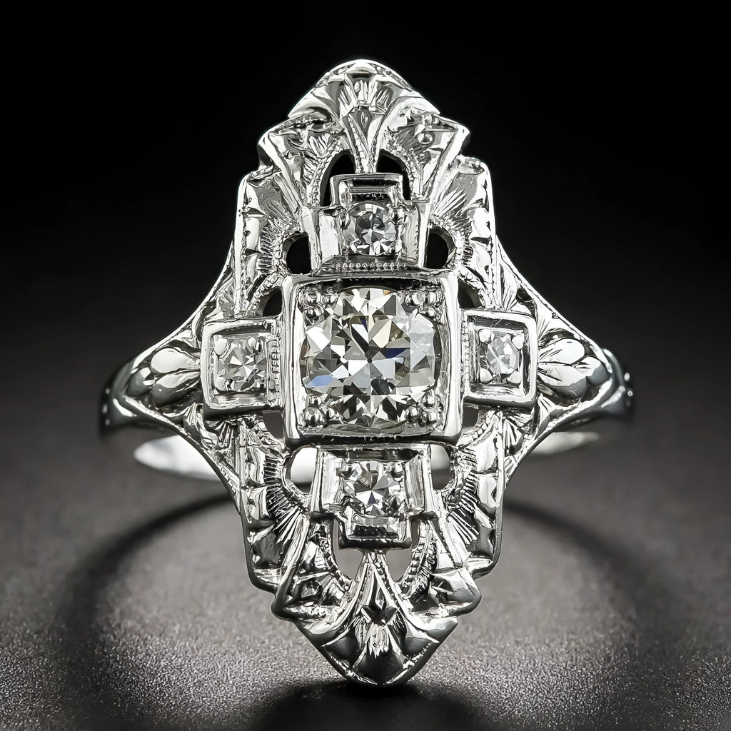 Silver electroplated copper ring with hollow-out geometry pattern and diamond studded detailing