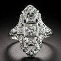 Silver electroplated copper ring with hollow-out geometry pattern and diamond studded detailing